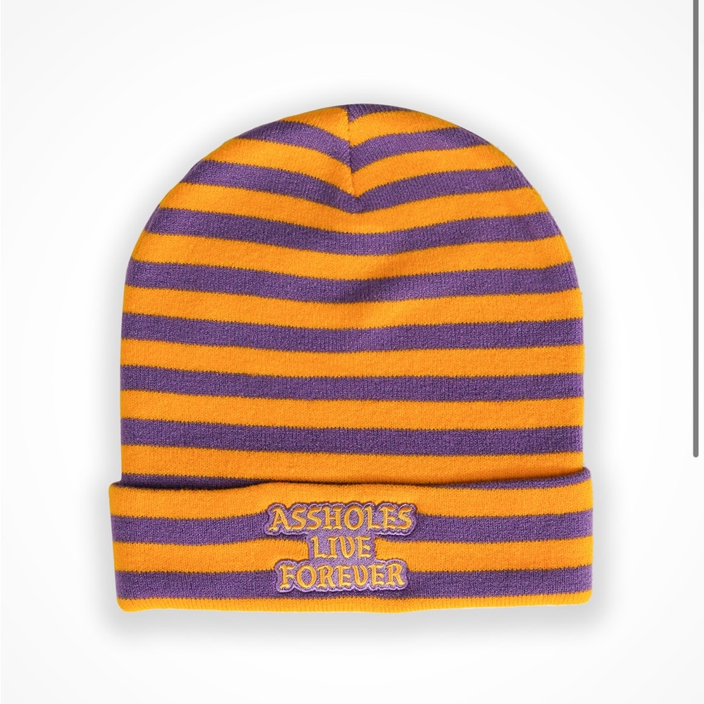 assholes live forever purple and orange stripped beanie
